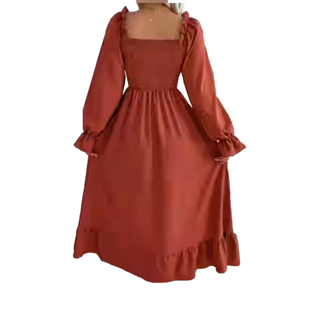 Fall Dress Square Neck Brown Terracotta Sheered Cold Weather Dresses Outfit - Picture 5 of 12
